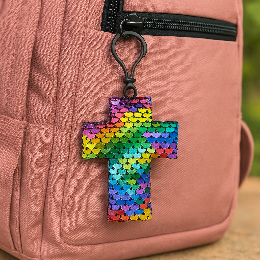 Rainbow Sequin Cross Charm – Faith Bag Clip & Keychain Accessory