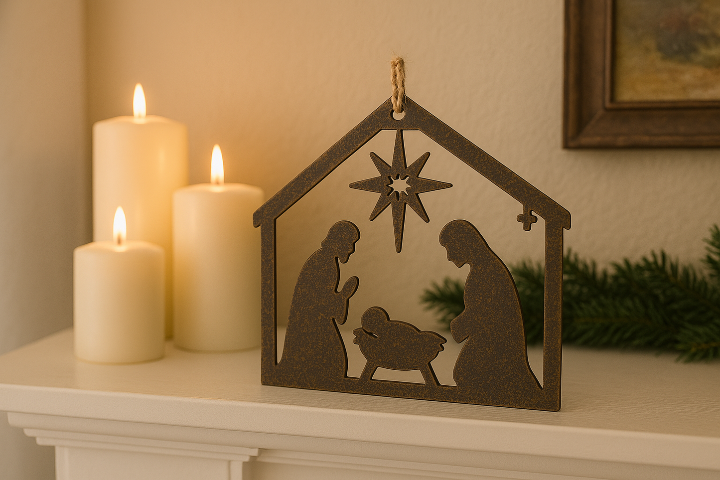 Rustic Metal Nativity Hanging – Holy Family Silhouette Décor/Ornament