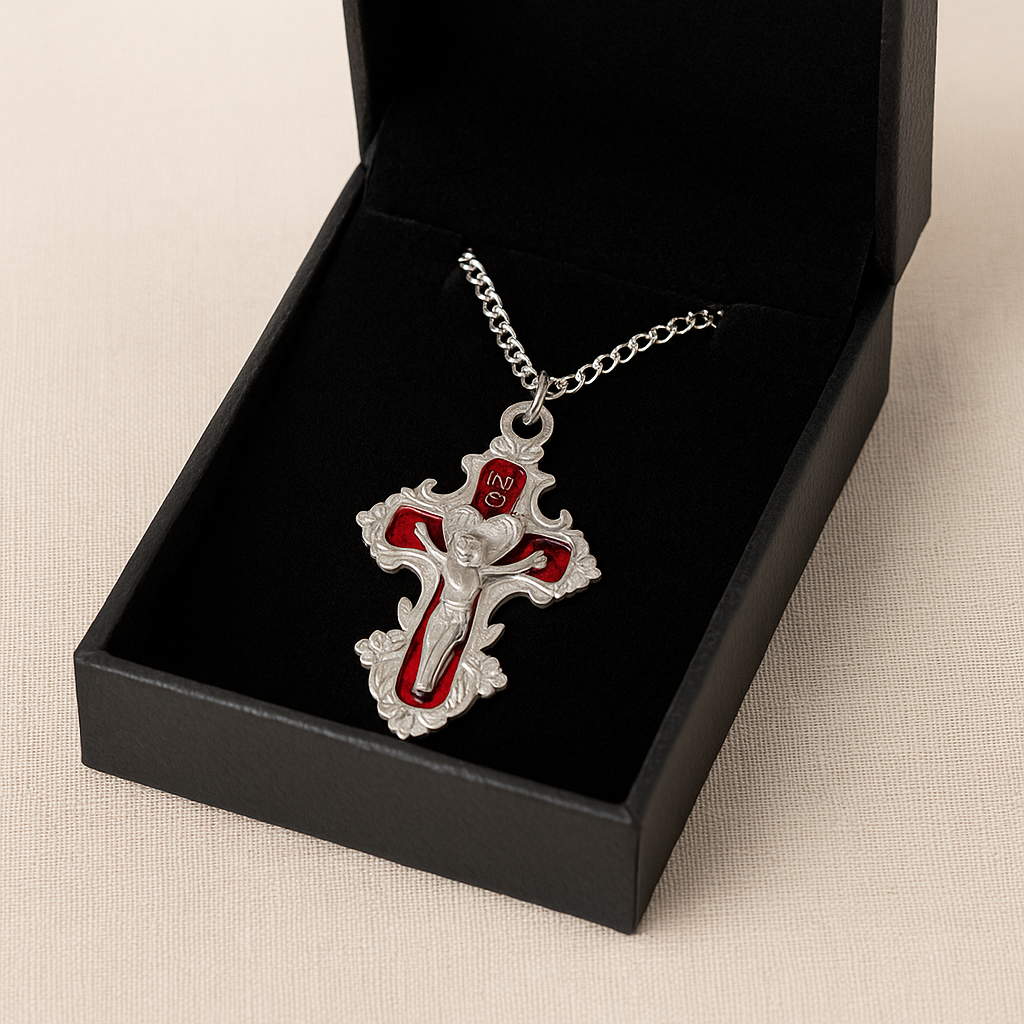 Red Crucifix Necklace – Silver Tone