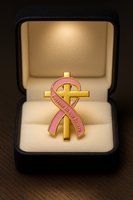 "Forever in Our Hearts" Christian Cross & Ribbon Lapel Pin