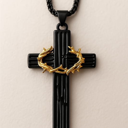 Black Cross Necklace with Gold Crown of Thorns – Christian Men’s Pendant