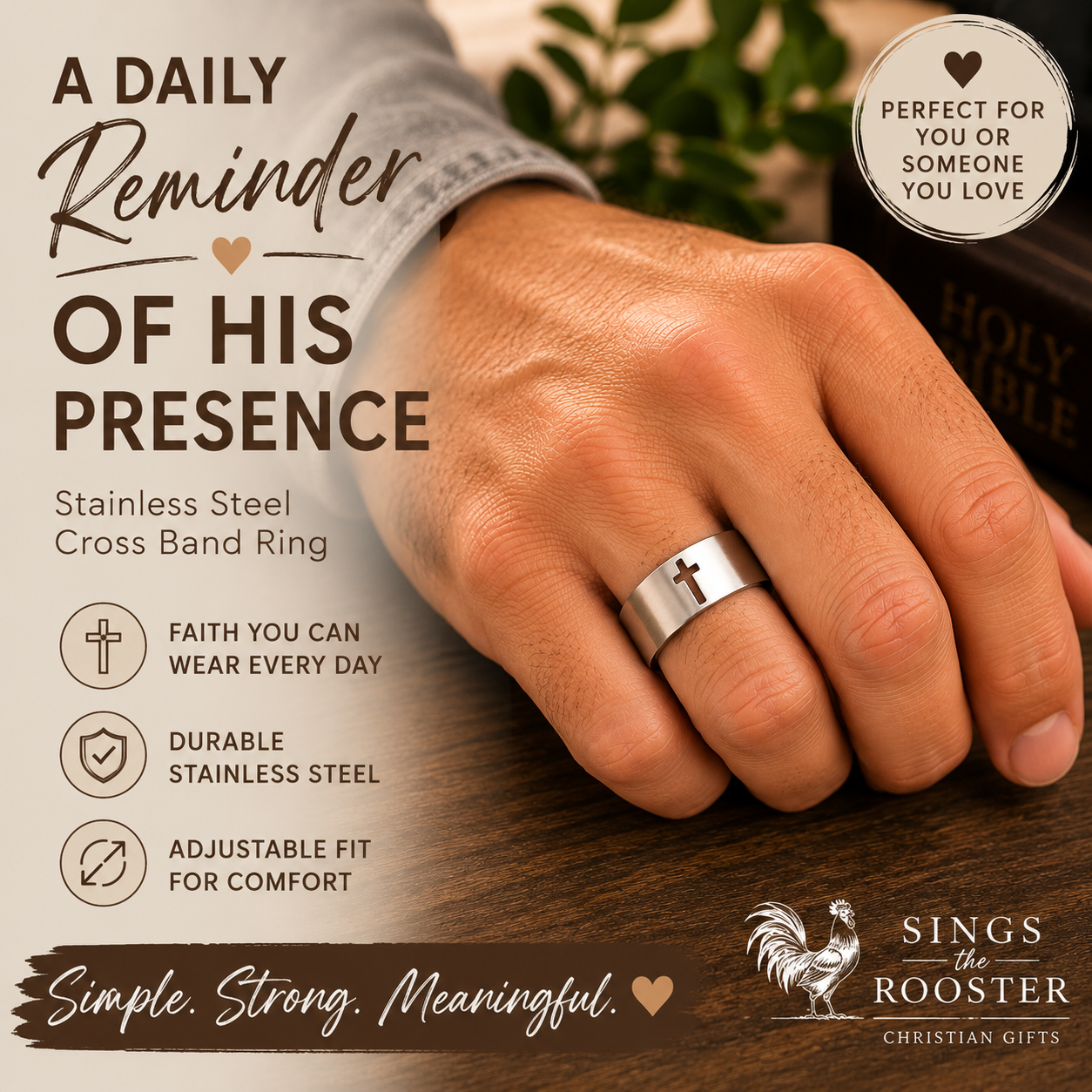 Stainless Steel Cross Band Ring | Adjustable Christian Faith Ring