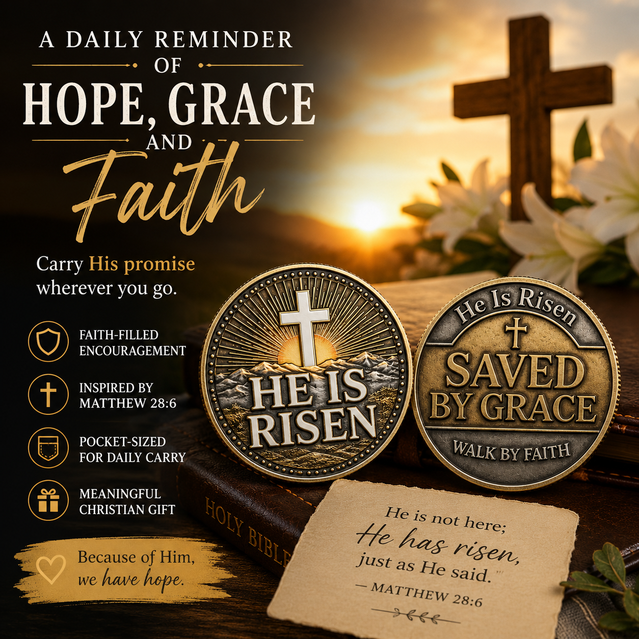 He Is Risen | Saved By Grace Christian Prayer Coin