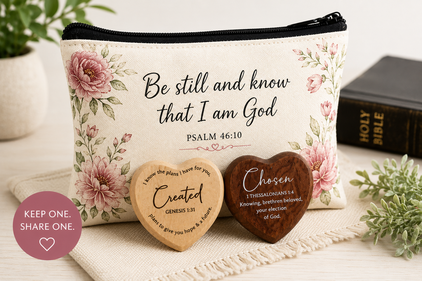 Christian Canvas Zipper Pouch Gift Set with 2 Wooden Encouragement Hearts | Keep One, Give One