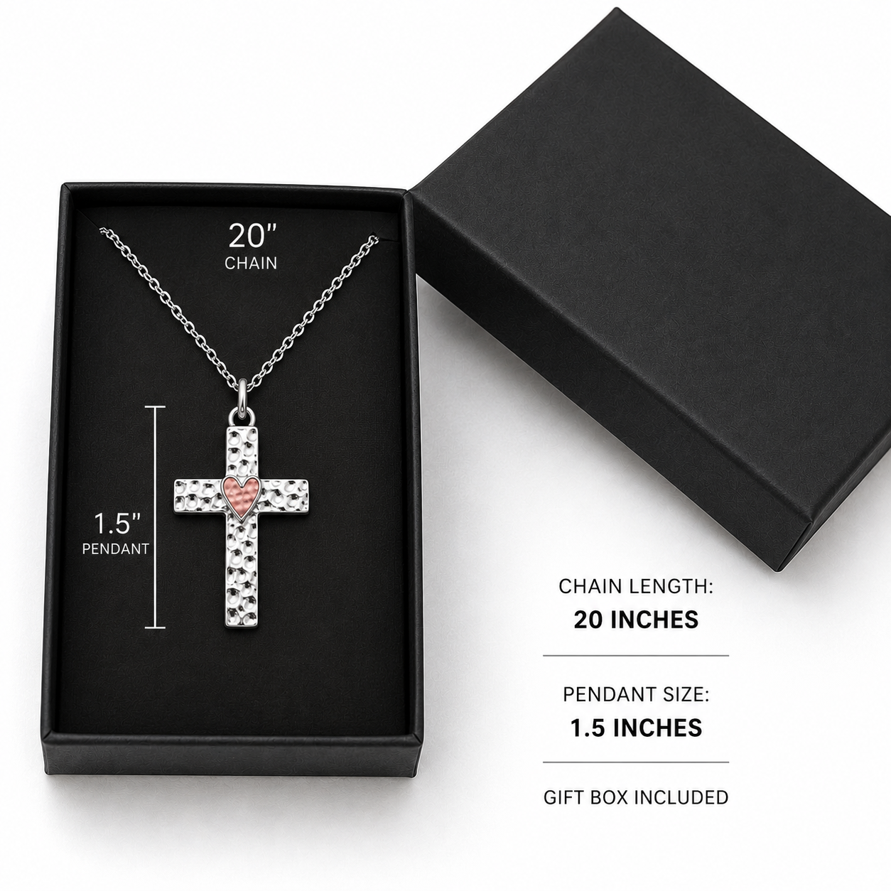 Hammered Cross Necklace with Heart | Christian Faith Pendant