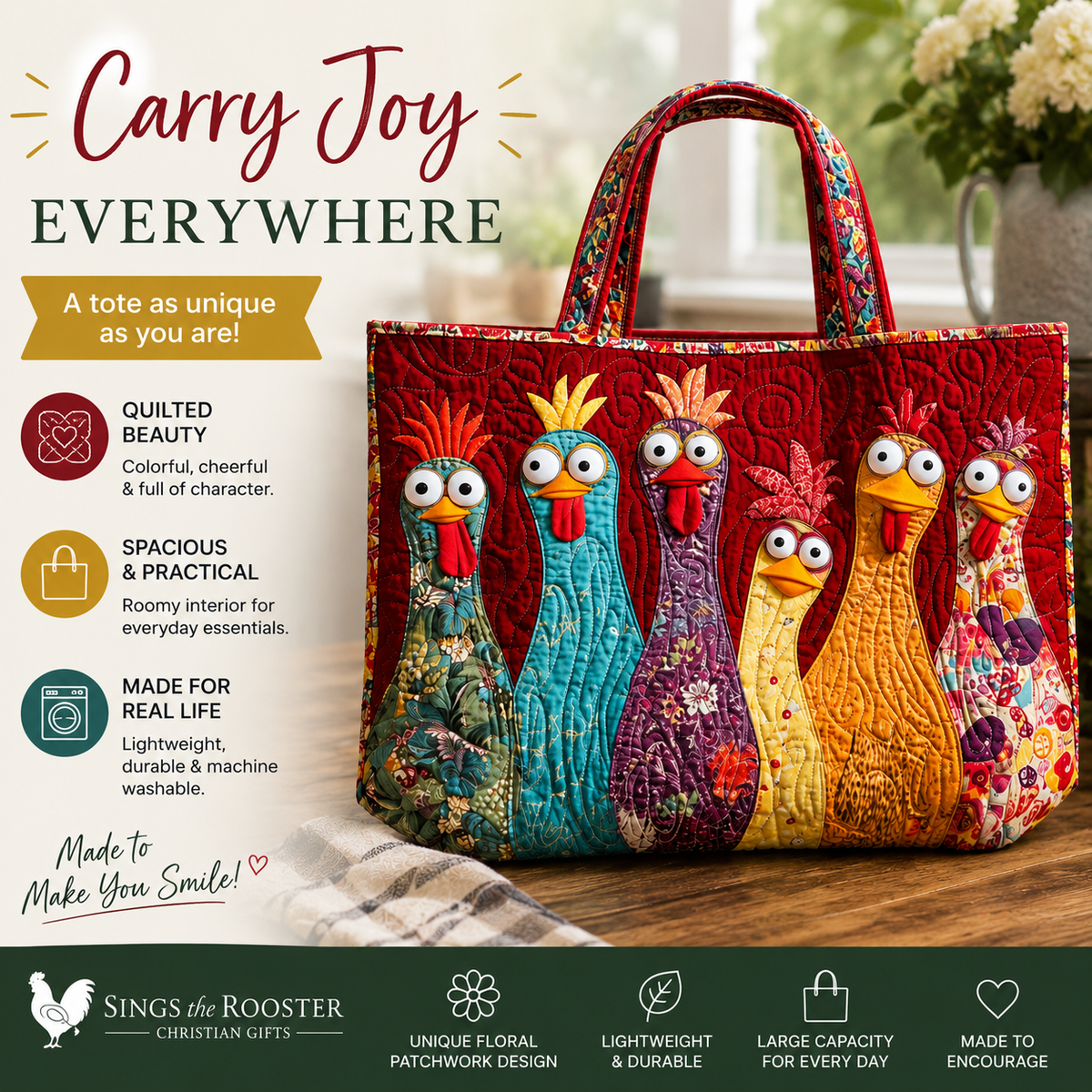 Colorful Quilted Rooster Tote Bag | Carryall - Red