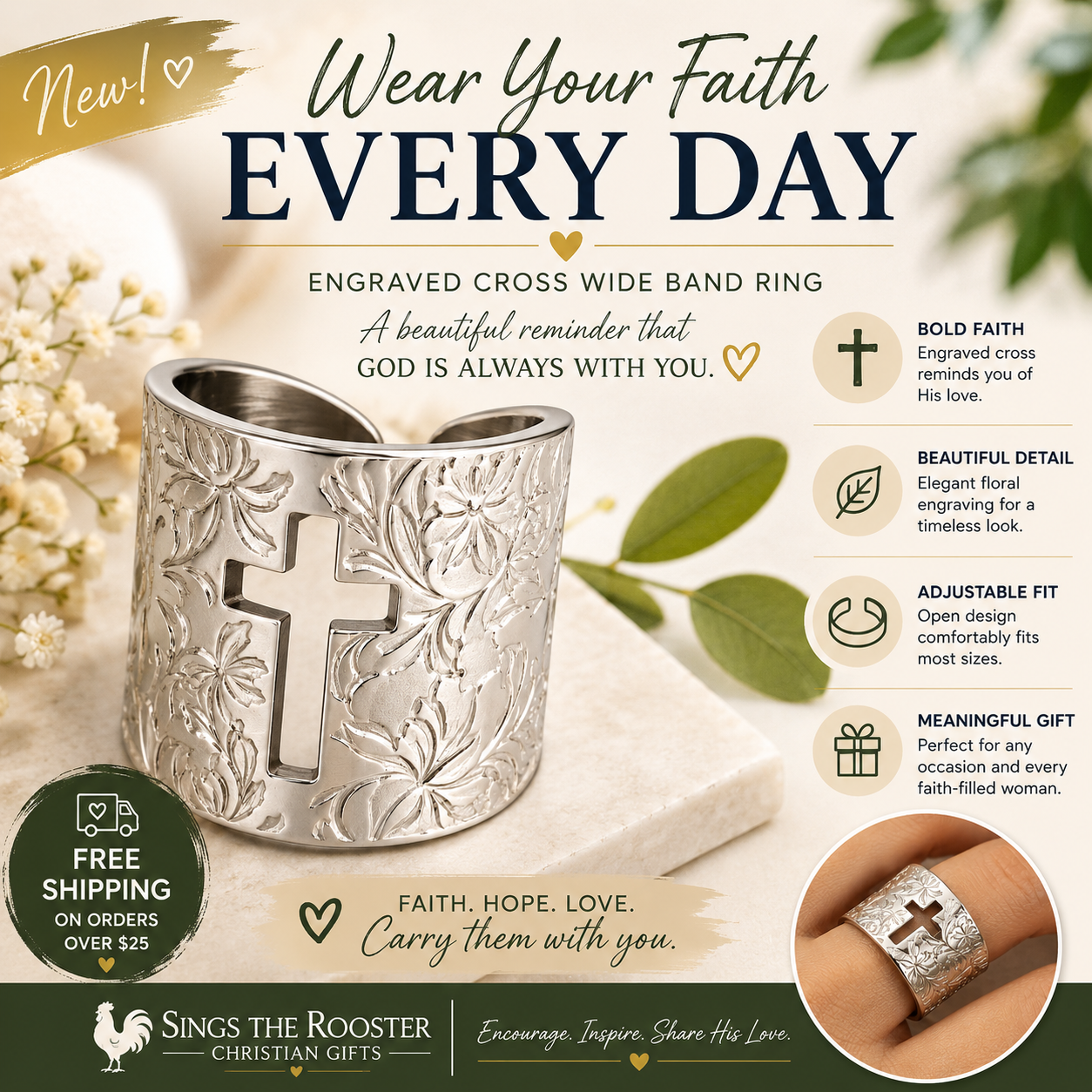 Engraved Cross Wide Band Ring | Adjustable Stainless Steel Christian Statement Ring