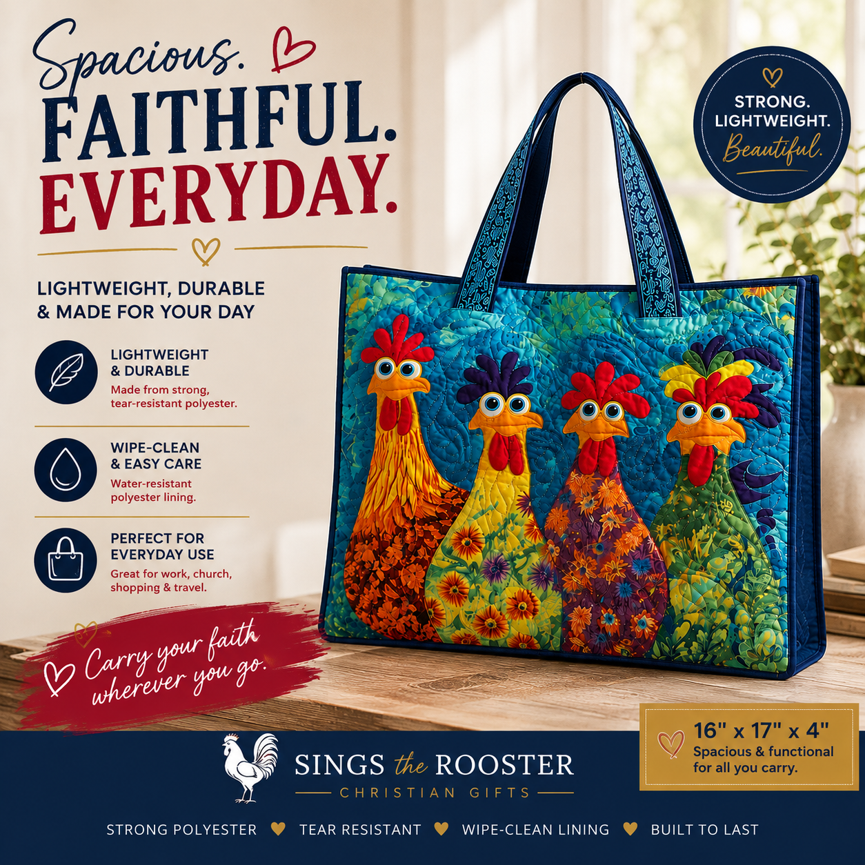 Colorful Quilted Rooster Tote Bag | Carryall - Blue