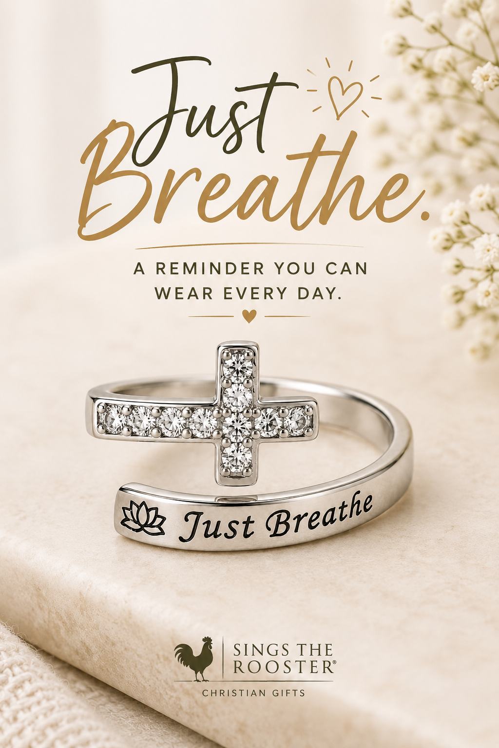 Just Breathe Cross Ring | Adjustable Christian Faith Ring | Stainless Steel