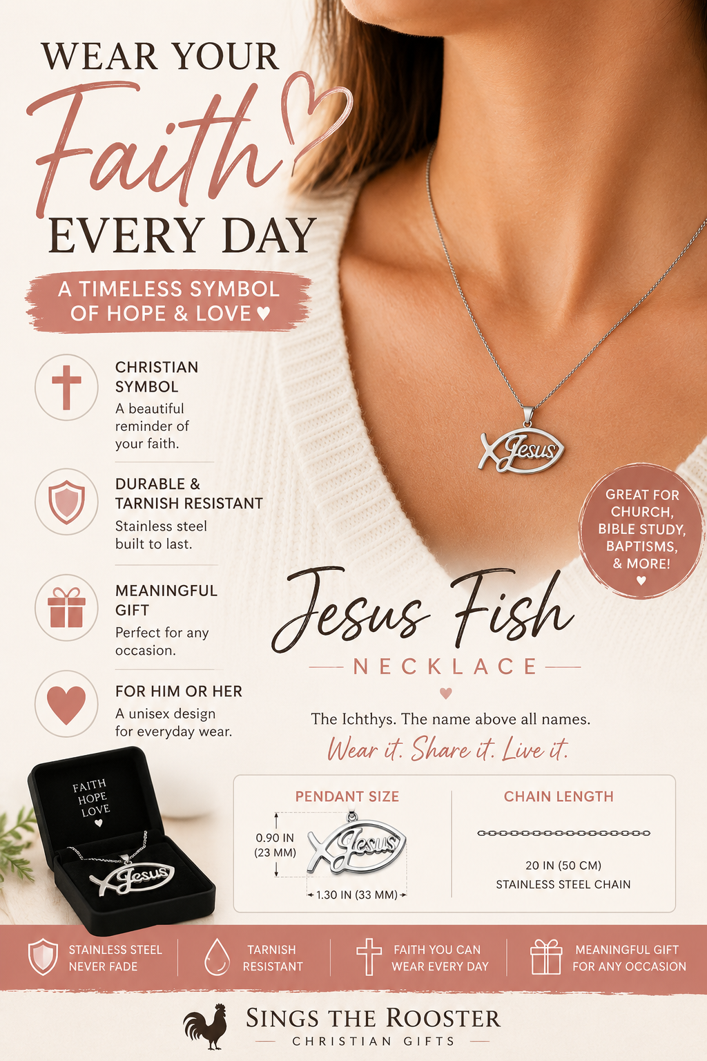 Jesus Fish Stainless Steel Pendant Necklace | Ichthys Christian Faith Necklace