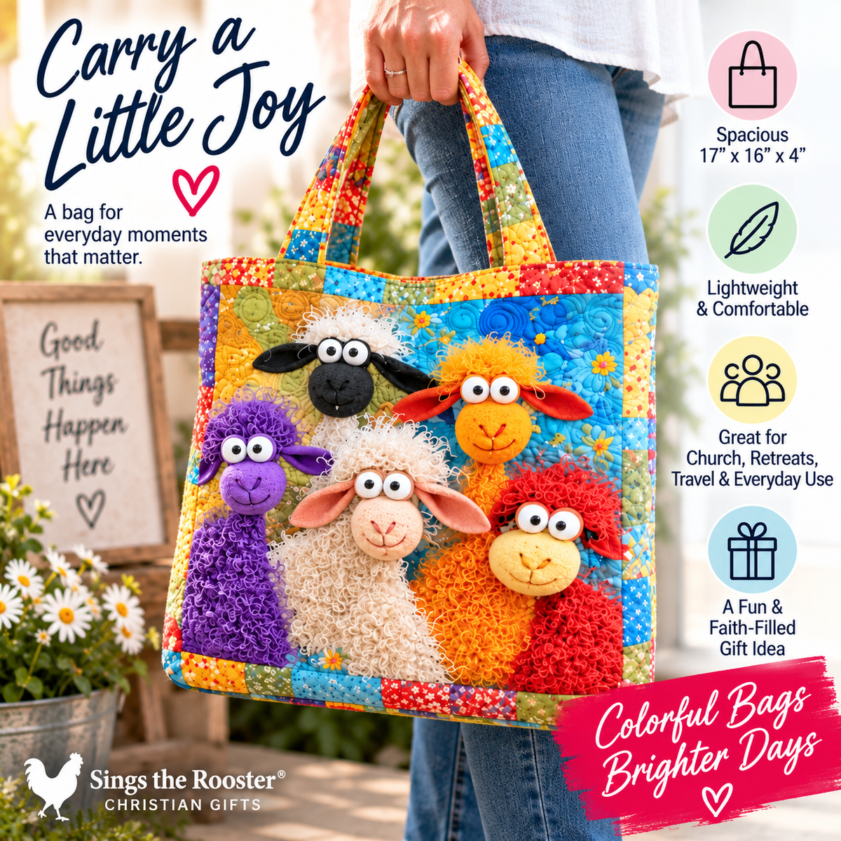 Colorful Quilted Sheep Tote Bag