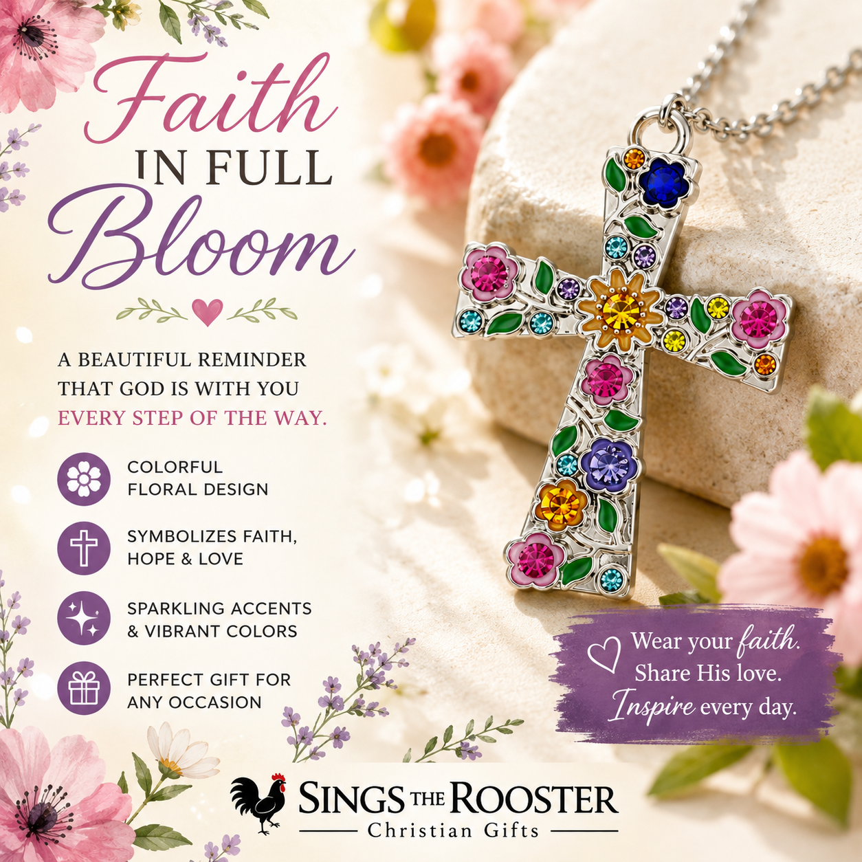 Floral Cross Pendant Necklace | Colorful Christian Flower Cross | Faith Jewelry Gift