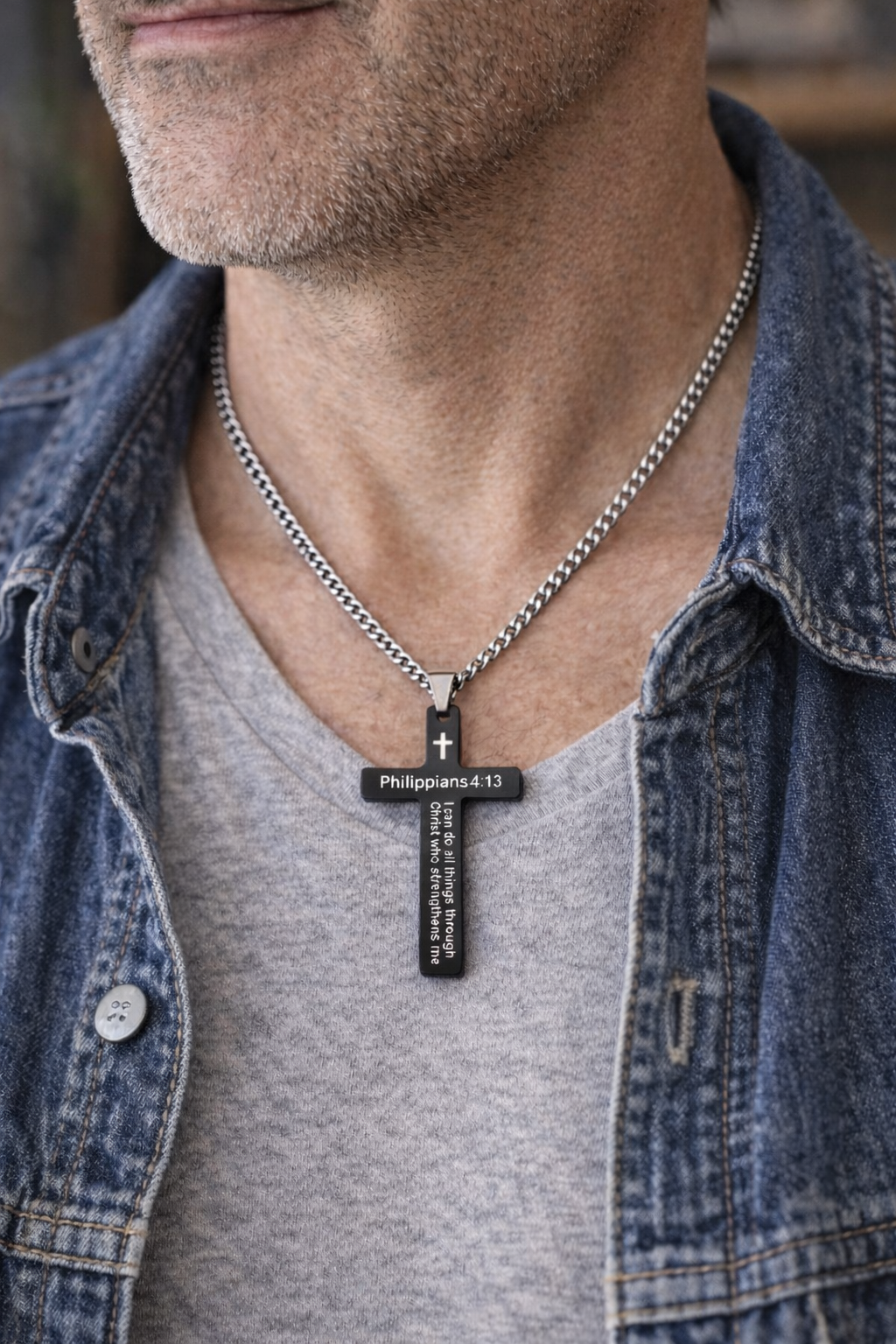 Black Finish Stainless Steel Necklace - Philippians 4:13