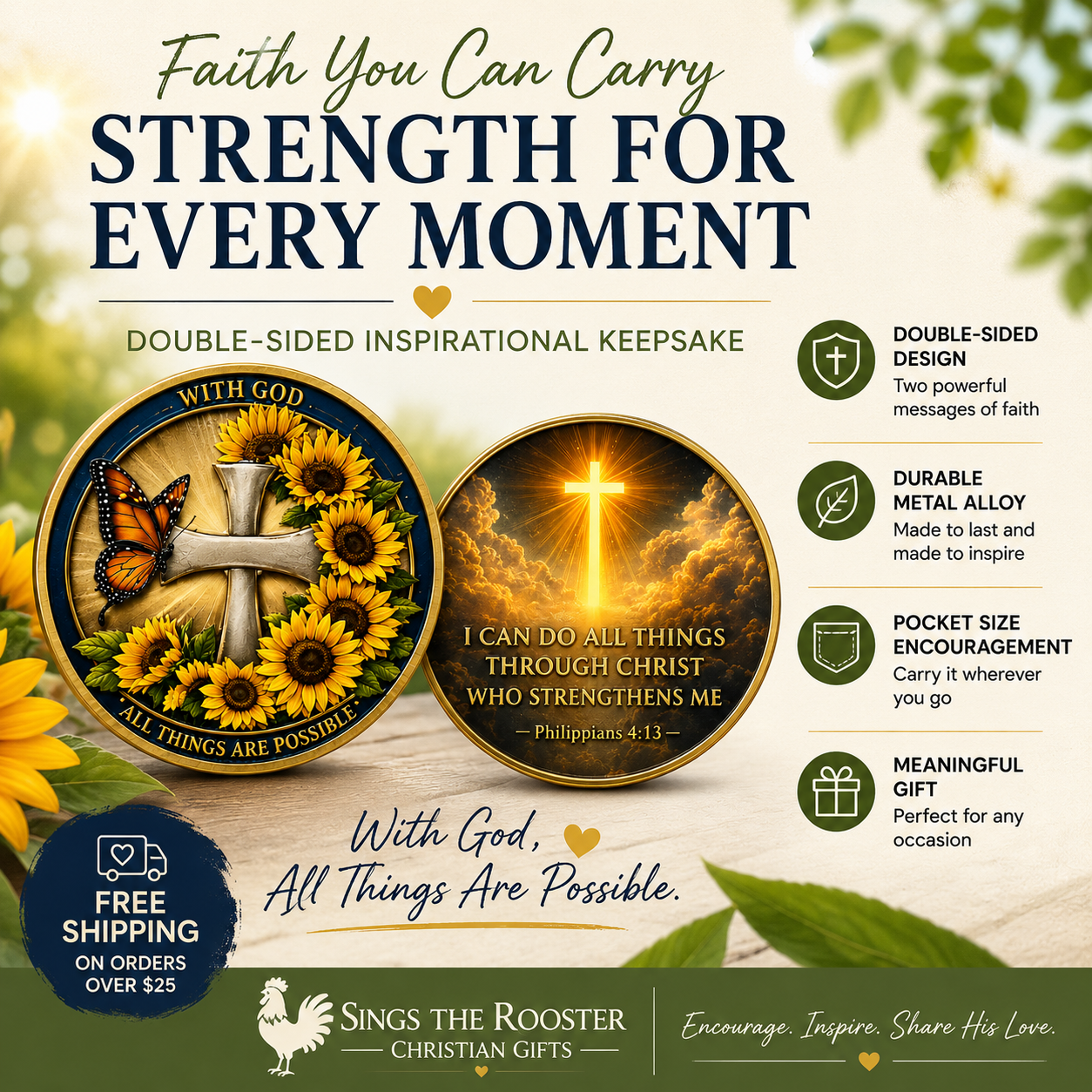 Philippians 4:13 Double-Sided Metal Pocket Coin | Christian Inspirational Keepsake
