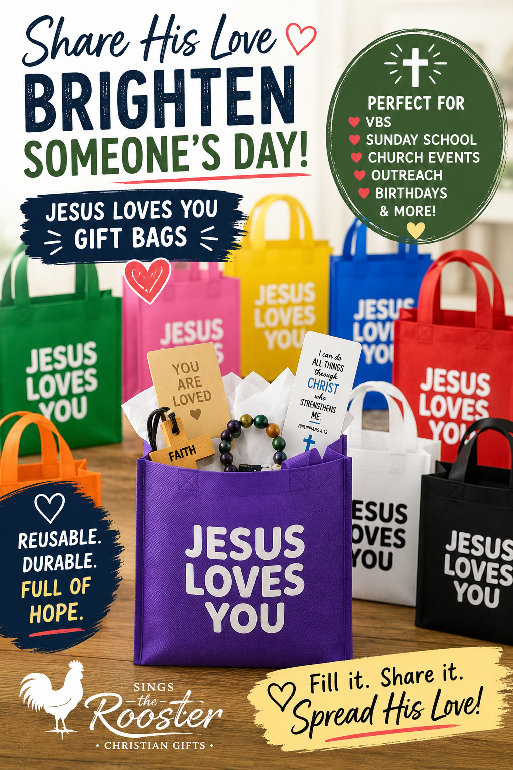 Jesus Loves You Reusable Gift Bags | Christian Party Favor Bags | Set of 5