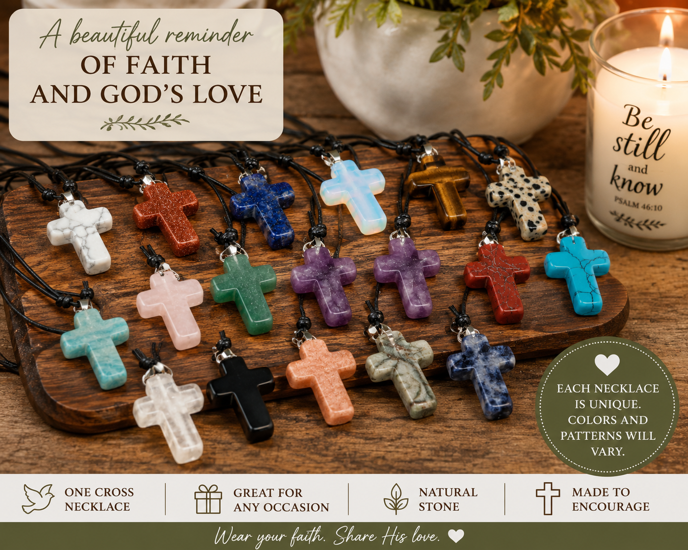 Natural Stone Cross Necklace | Assorted Colors Christian Faith Necklace