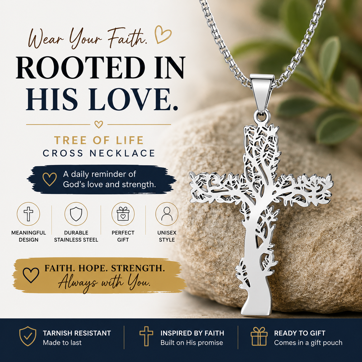 Tree of Life Cross Necklace – Christian Pendant with Chain