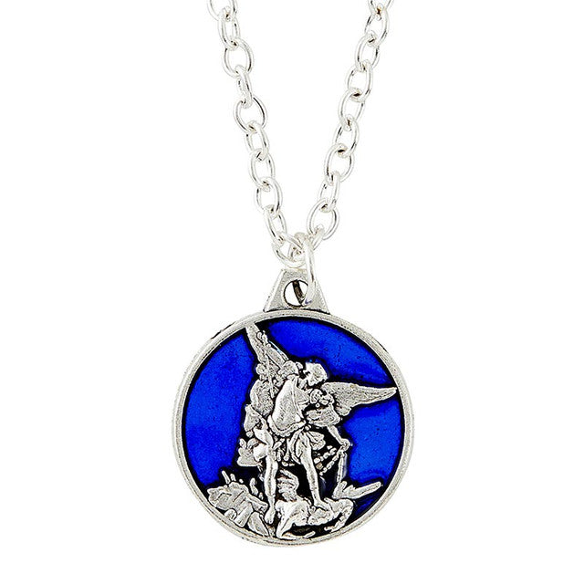 St. Michael Medal Necklace w/Blue Enamel Background