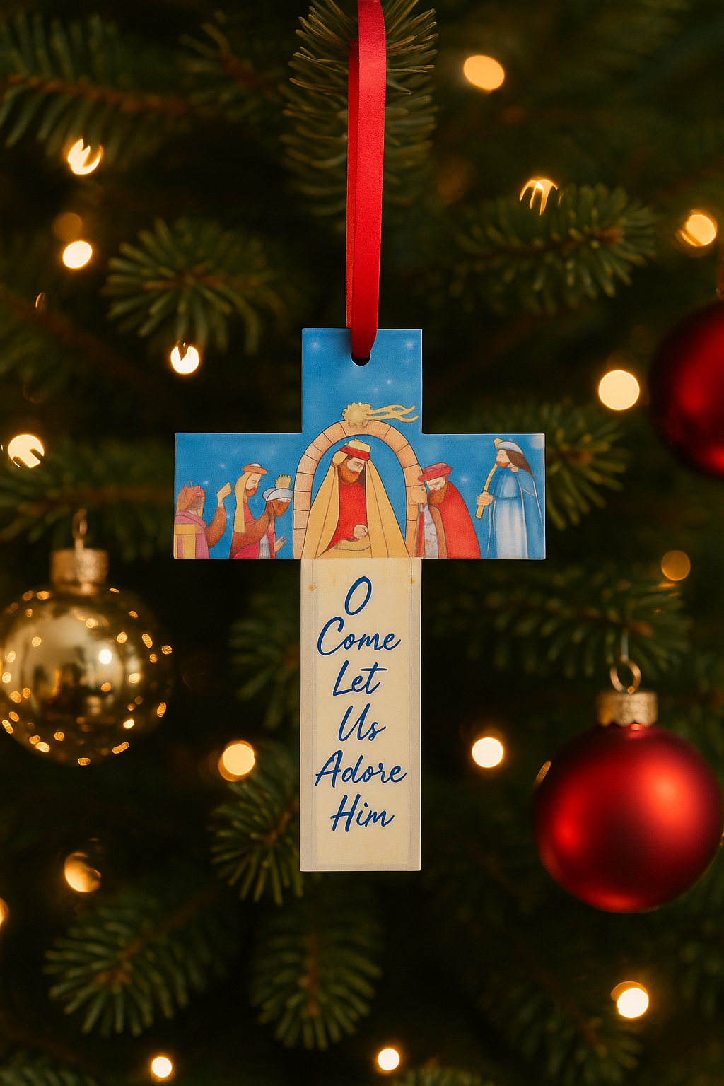 Nativity Cross Christmas Ornament – O Come Let Us Adore Him
