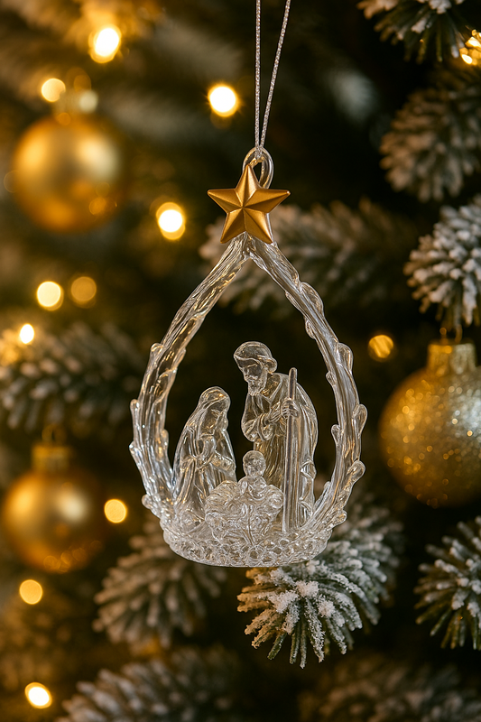Clear Nativity Scene Ornament – Gold Star & Holy Family