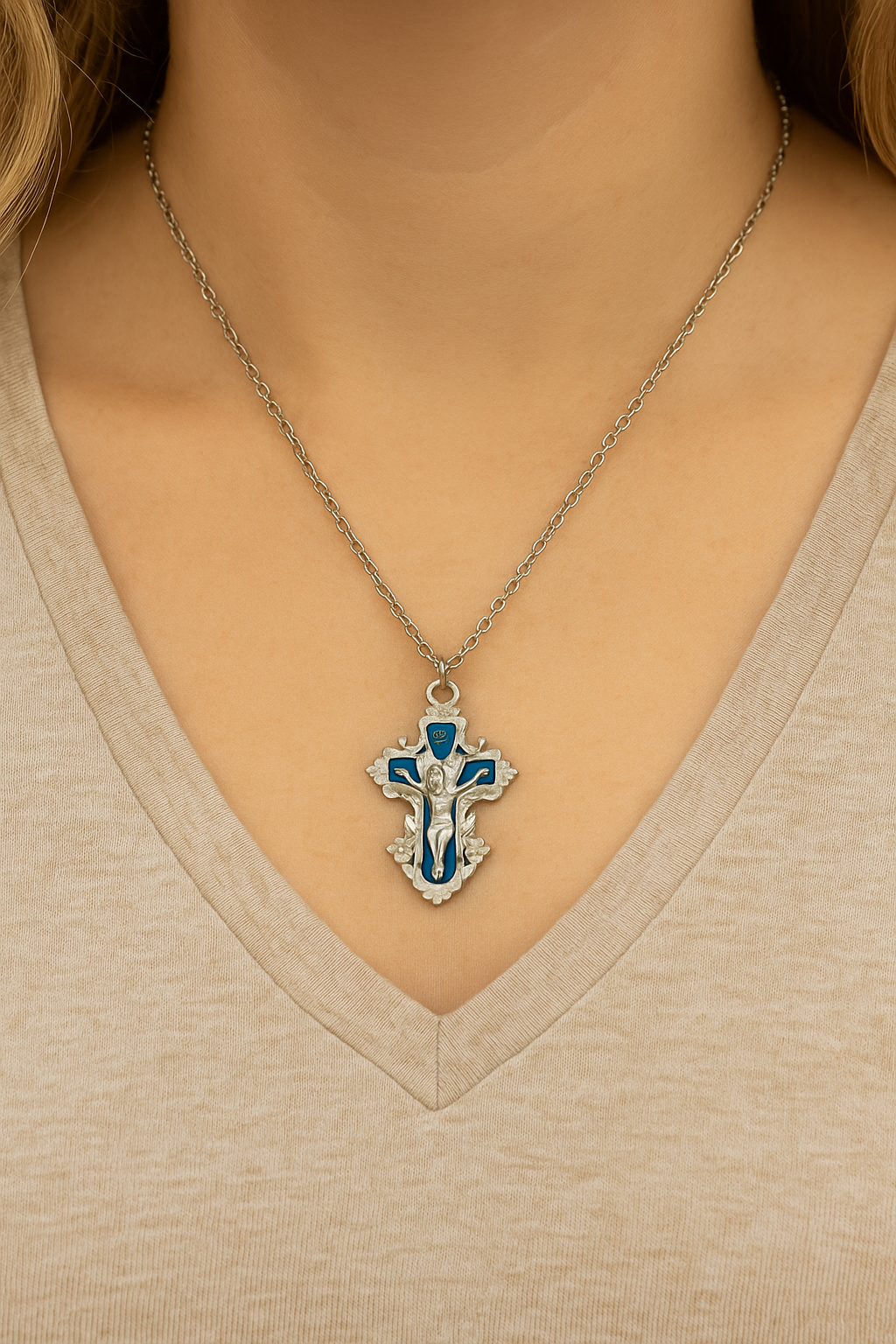 Blue Crucifix Necklace – Silver Tone
