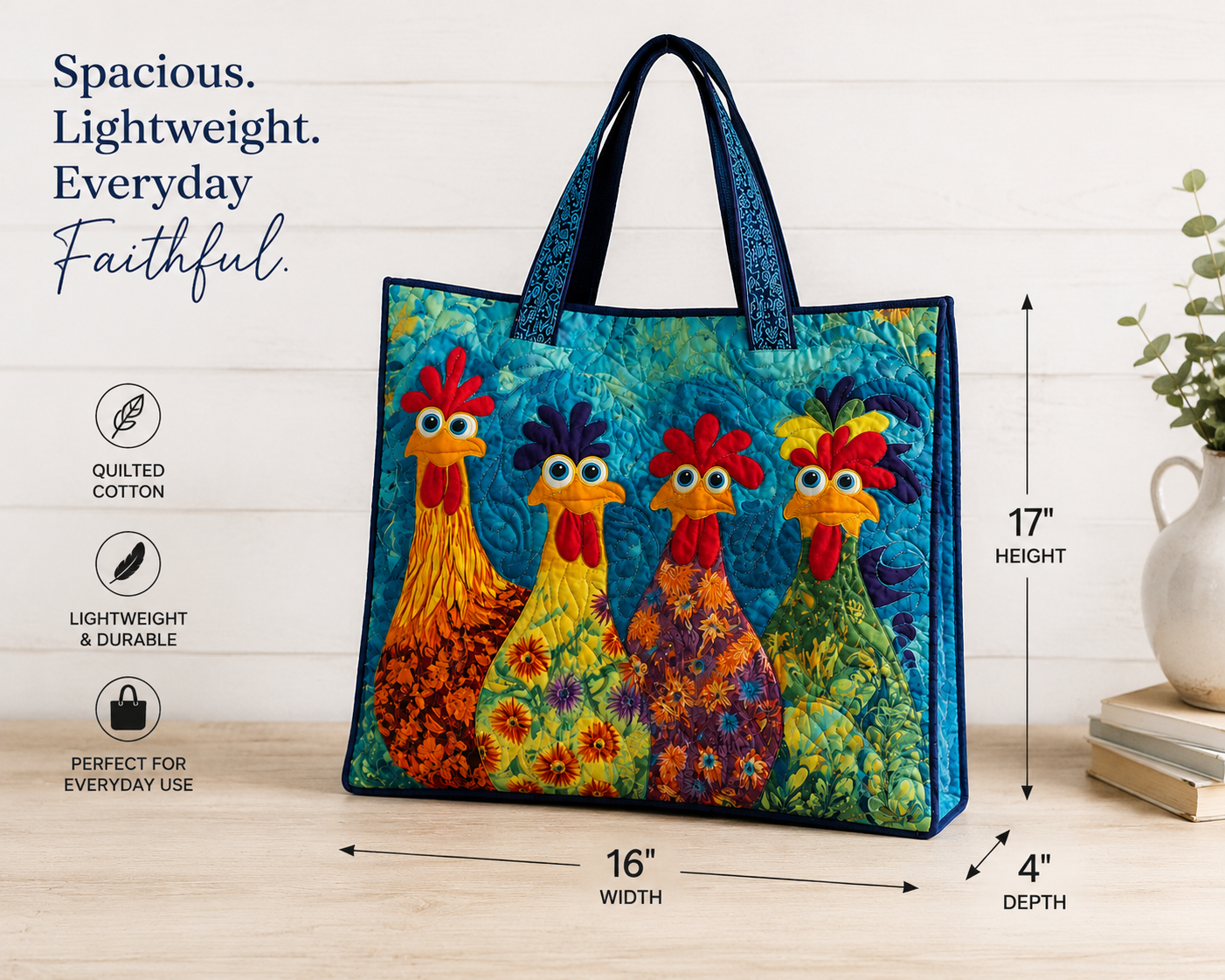 Colorful Quilted Rooster Tote Bag | Carryall - Blue