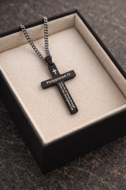 Black Finish Stainless Steel Necklace - Philippians 4:13