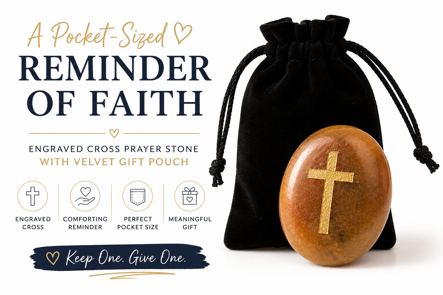 Cross Pocket Stone with Velvet Pouch | Christian Encouragement Gift