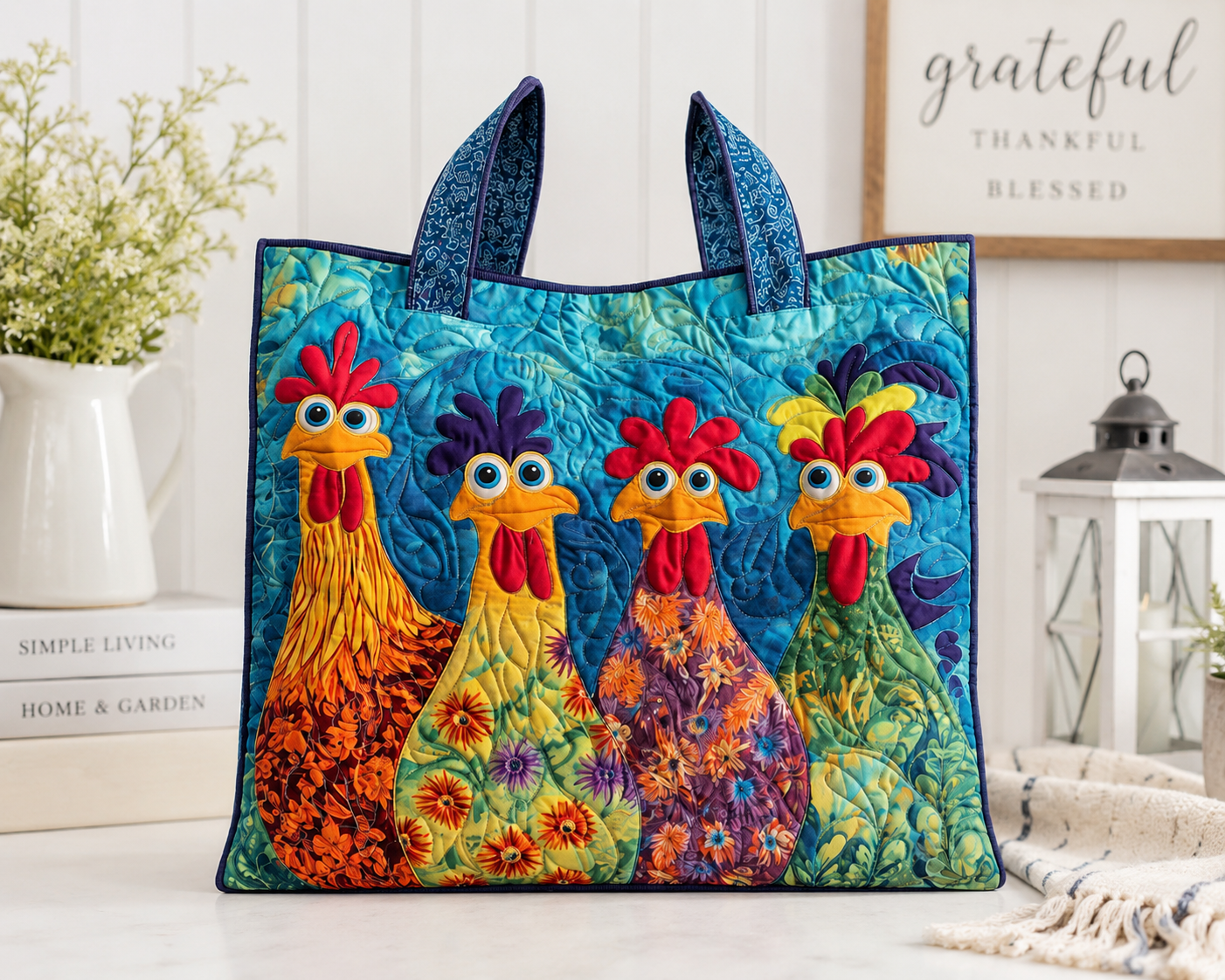 Colorful Quilted Rooster Tote Bag | Carryall - Blue