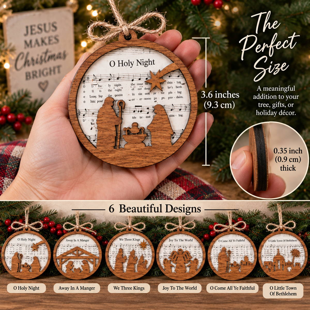 Christian Christmas Hymn Wooden Ornament – Choose Your Design