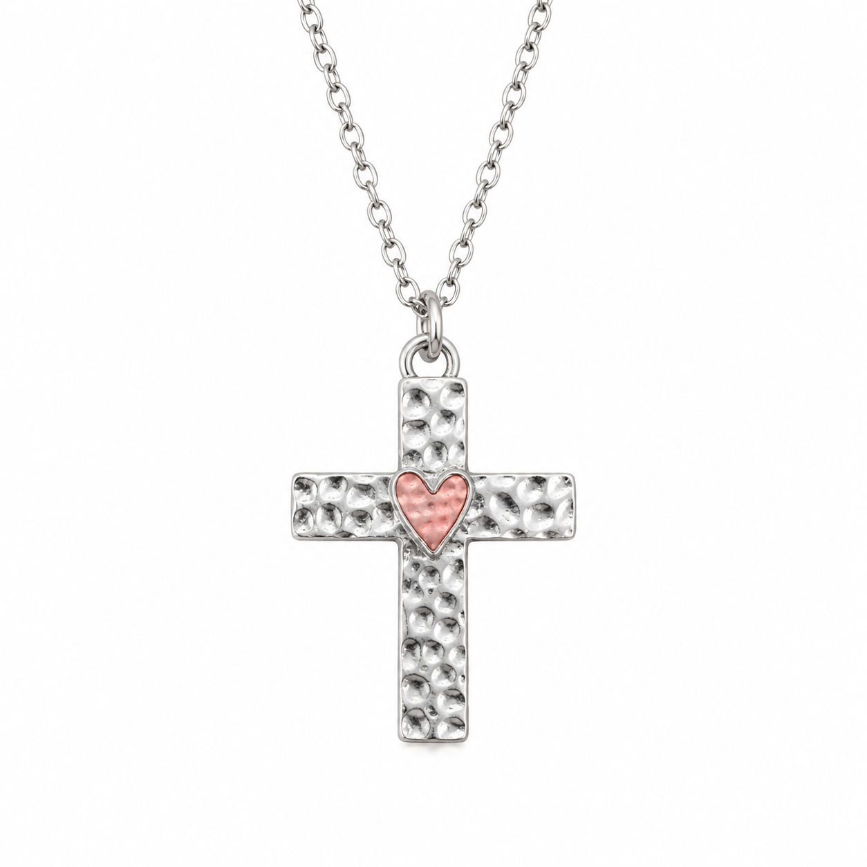 Hammered Cross Necklace with Heart | Christian Faith Pendant