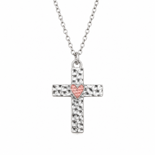 Hammered Cross Necklace with Heart | Christian Faith Pendant