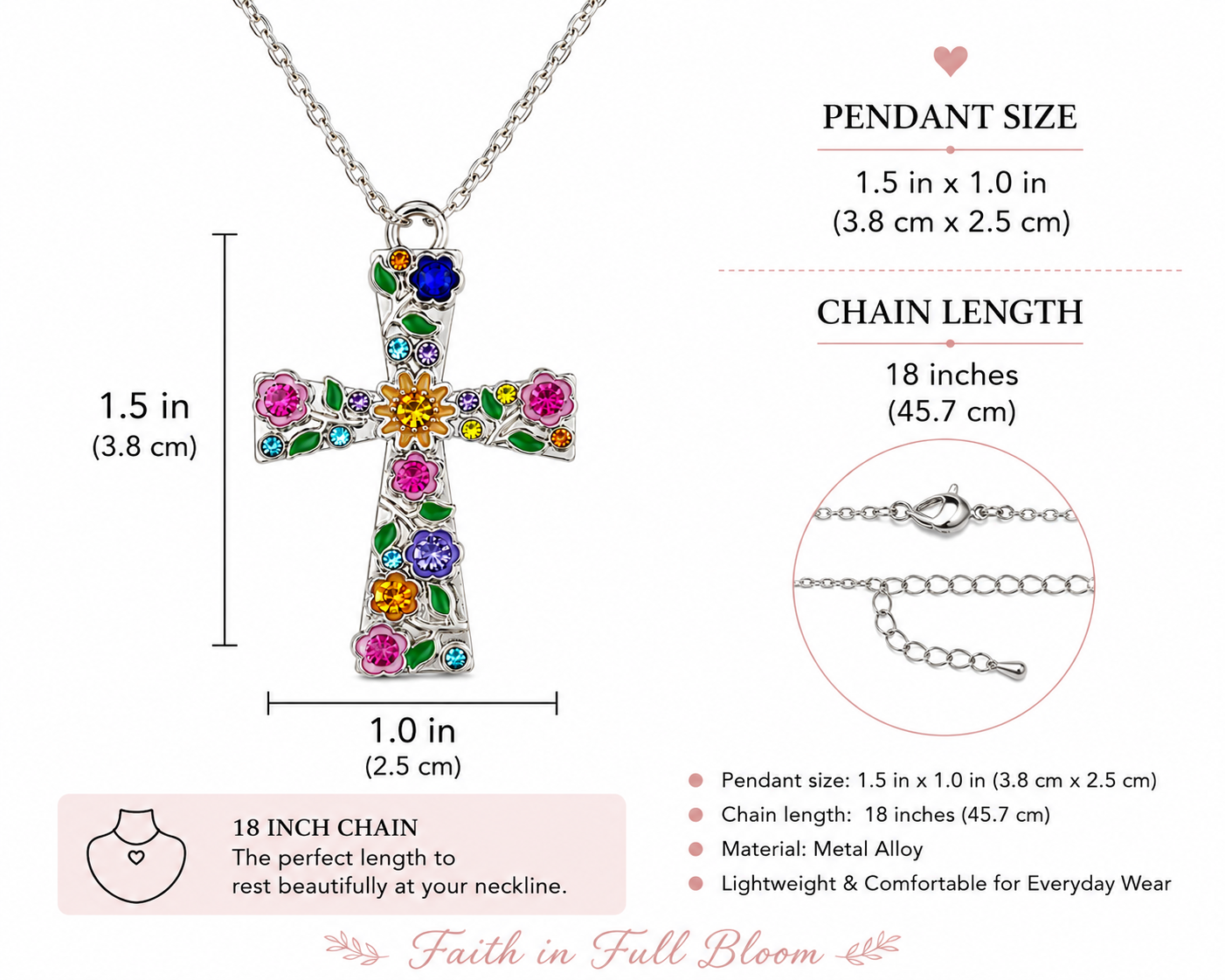 Floral Cross Pendant Necklace | Colorful Christian Flower Cross | Faith Jewelry Gift
