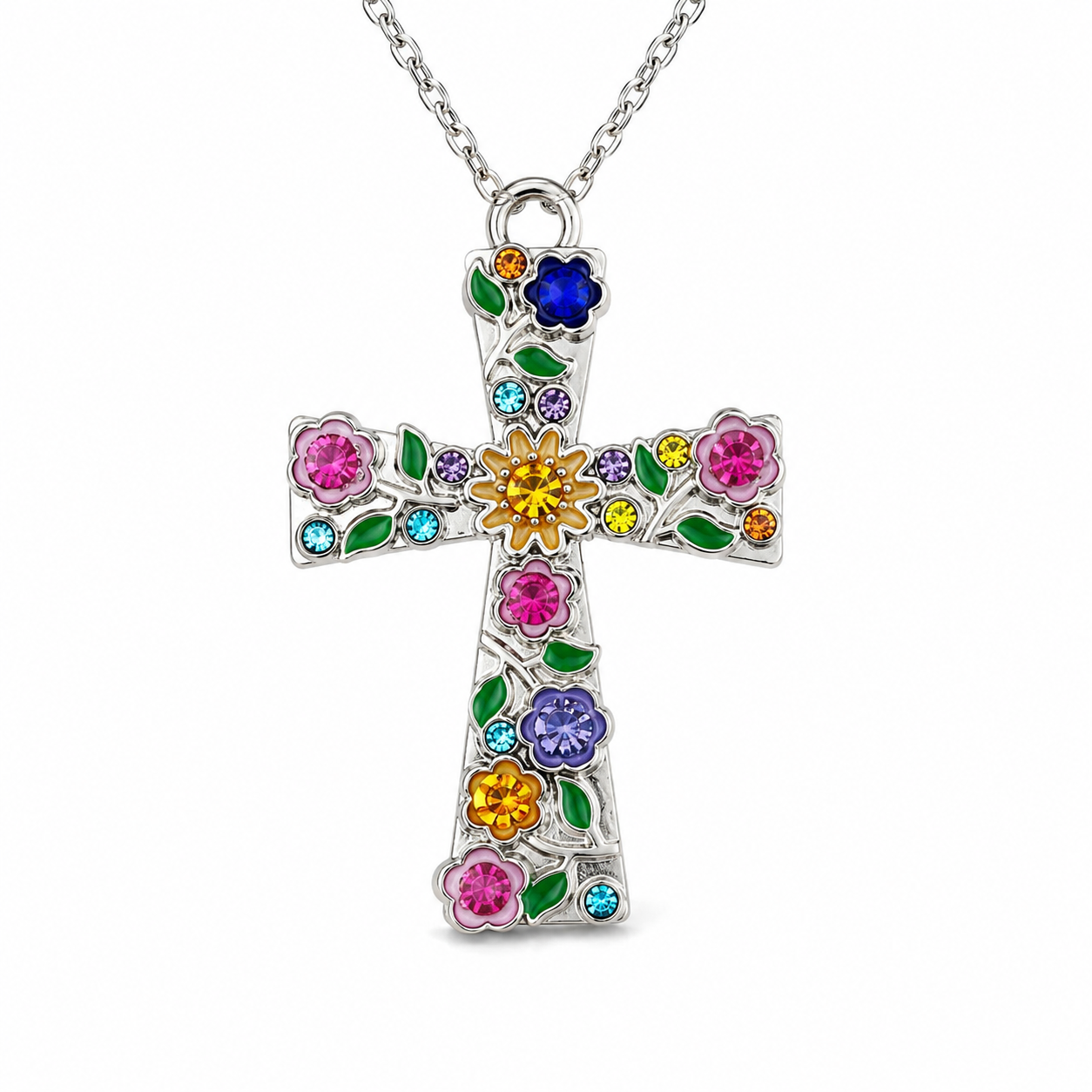 Floral Cross Pendant Necklace | Colorful Christian Flower Cross | Faith Jewelry Gift