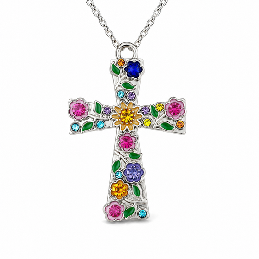 Floral Cross Pendant Necklace | Colorful Christian Flower Cross | Faith Jewelry Gift