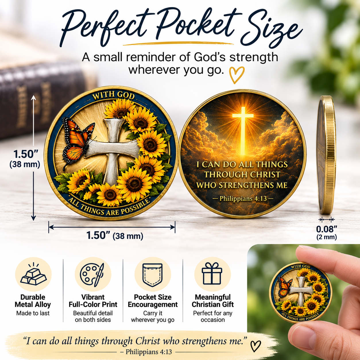 Philippians 4:13 Double-Sided Metal Pocket Coin | Christian Inspirational Keepsake