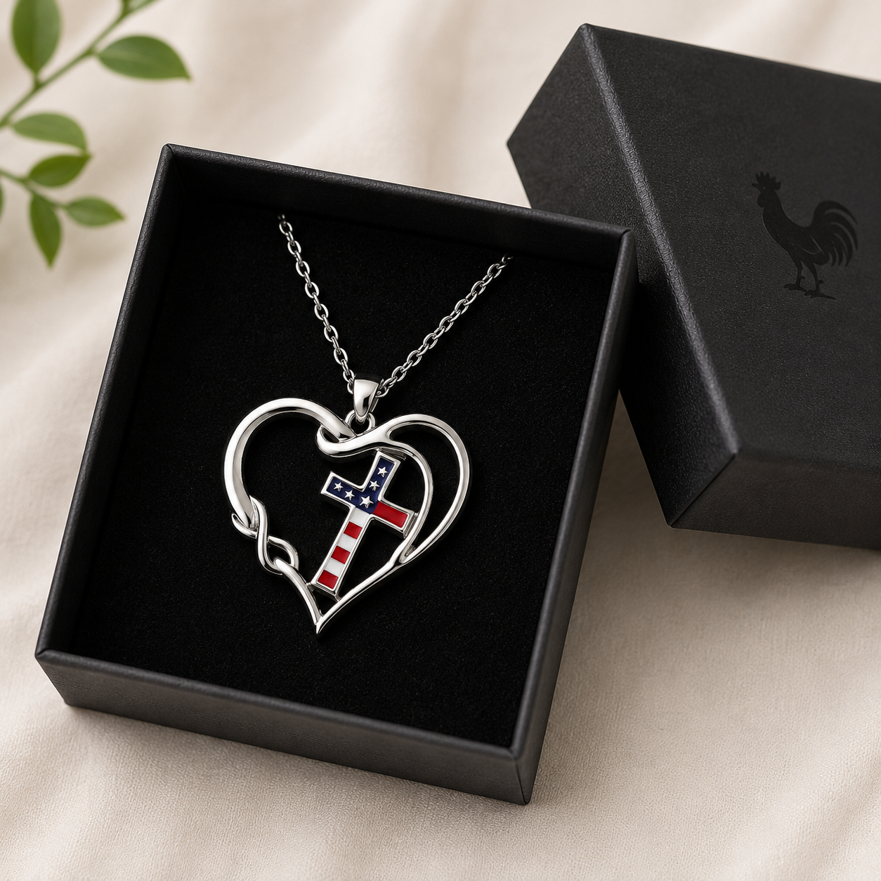 American Flag Cross Heart Necklace | Patriotic Christian Pendant