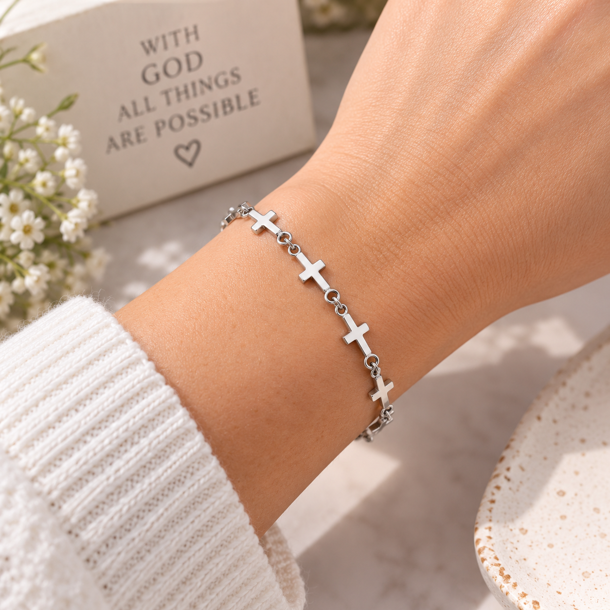 Silver Cross Bracelet – Stainless Steel Adjustable Christian Bracelet