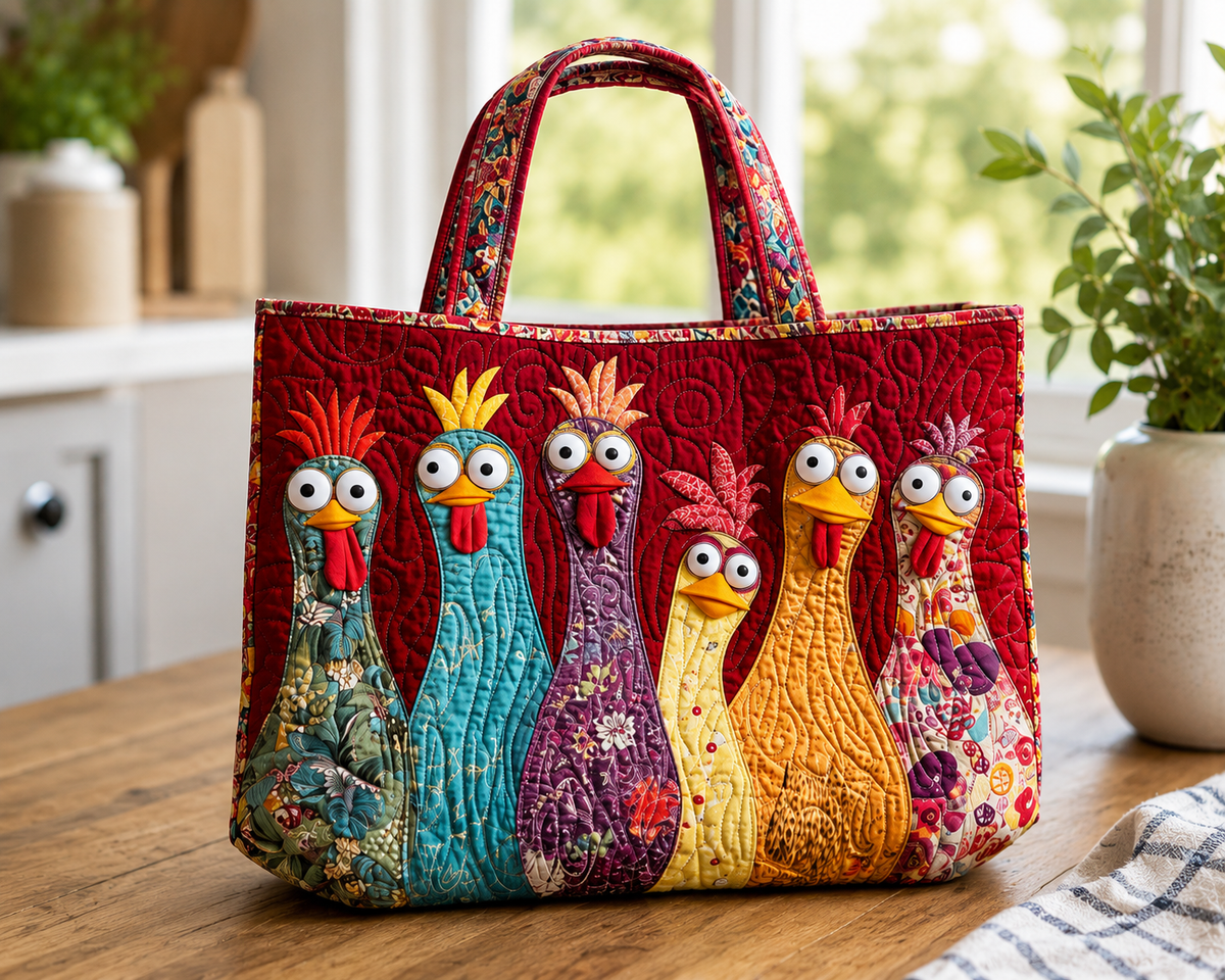 Colorful Quilted Rooster Tote Bag | Carryall - Red