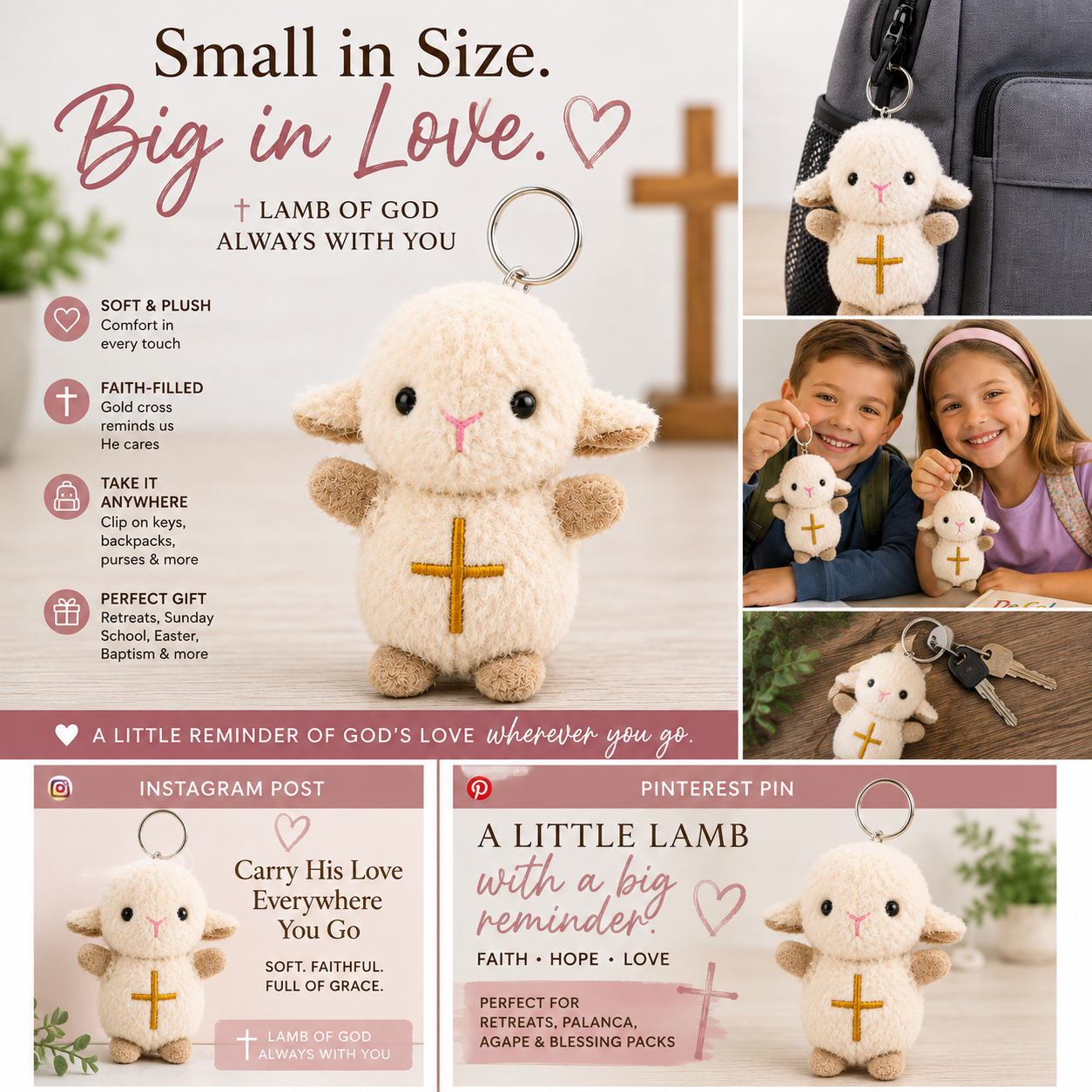 Plush Lamb with Cross Keychain