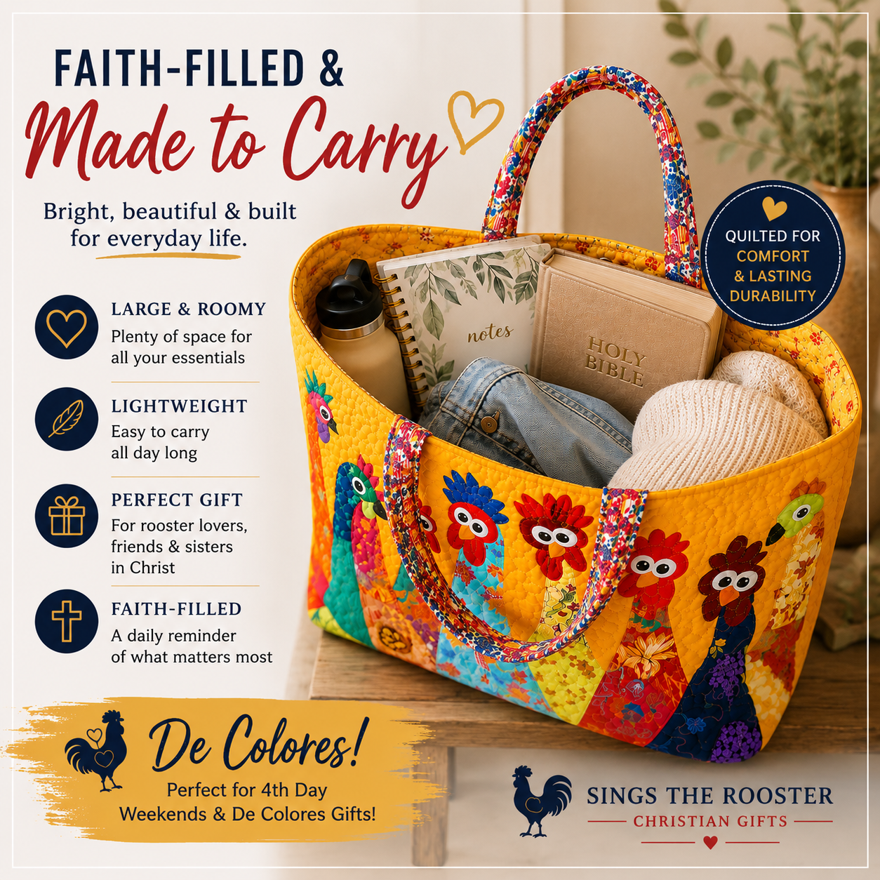 Colorful Quilted Rooster Tote Bag | Large Patchwork Carryall