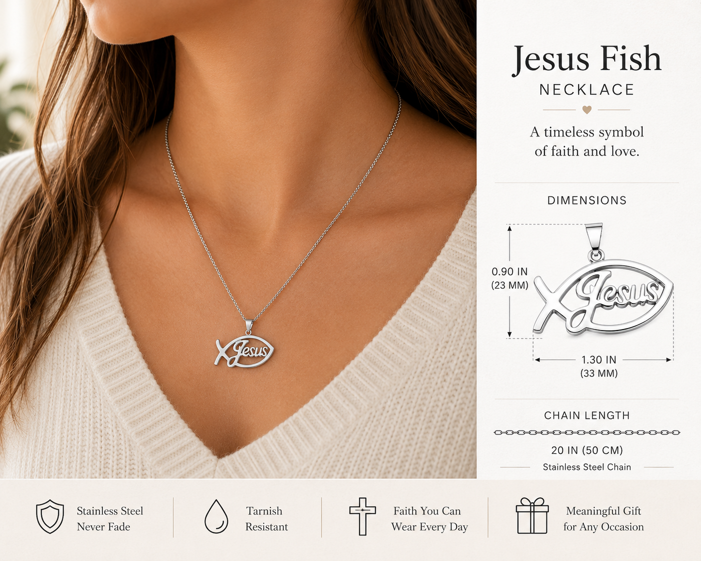 Jesus Fish Stainless Steel Pendant Necklace | Ichthys Christian Faith Necklace