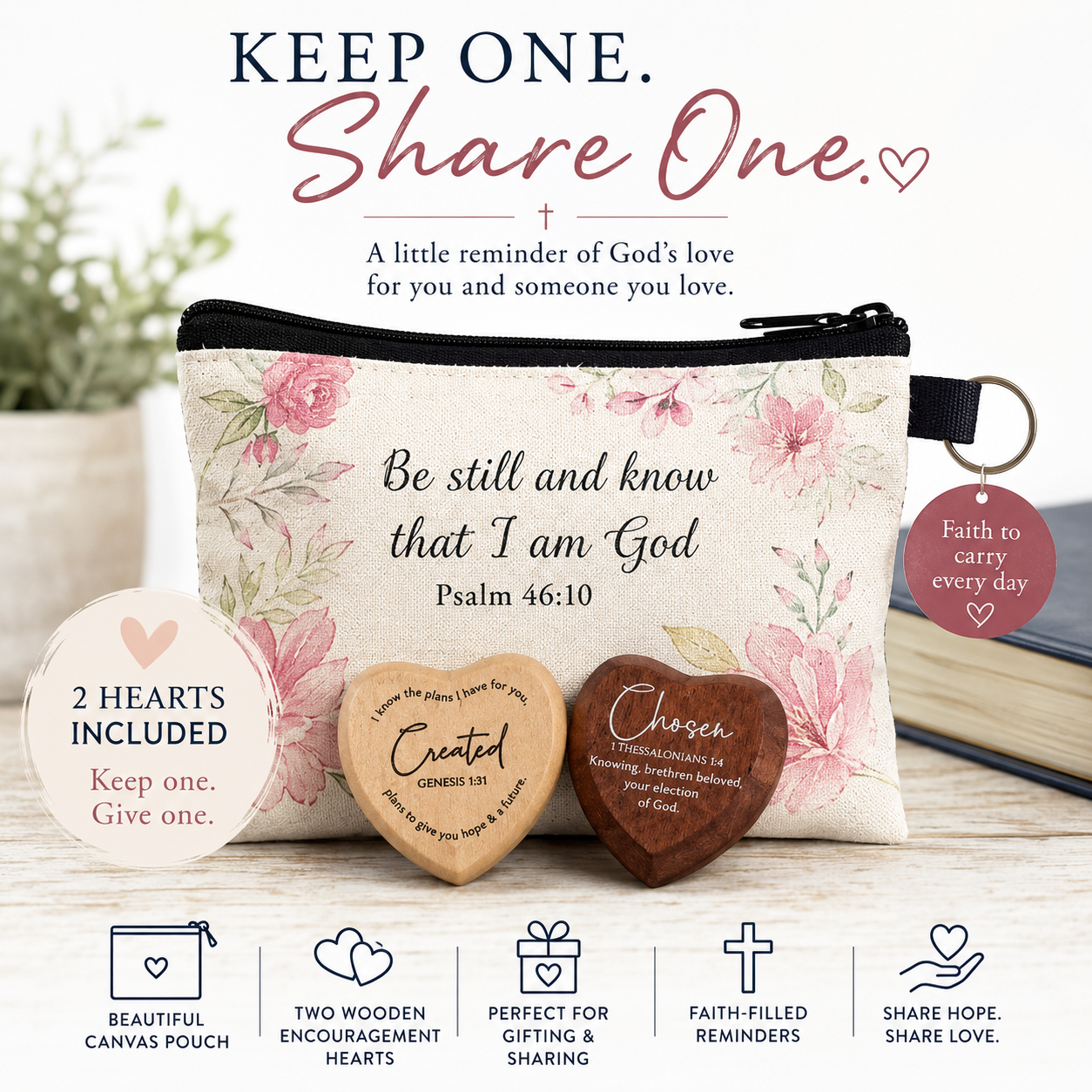 Christian Canvas Zipper Pouch Gift Set with 2 Wooden Encouragement Hearts | Keep One, Give One
