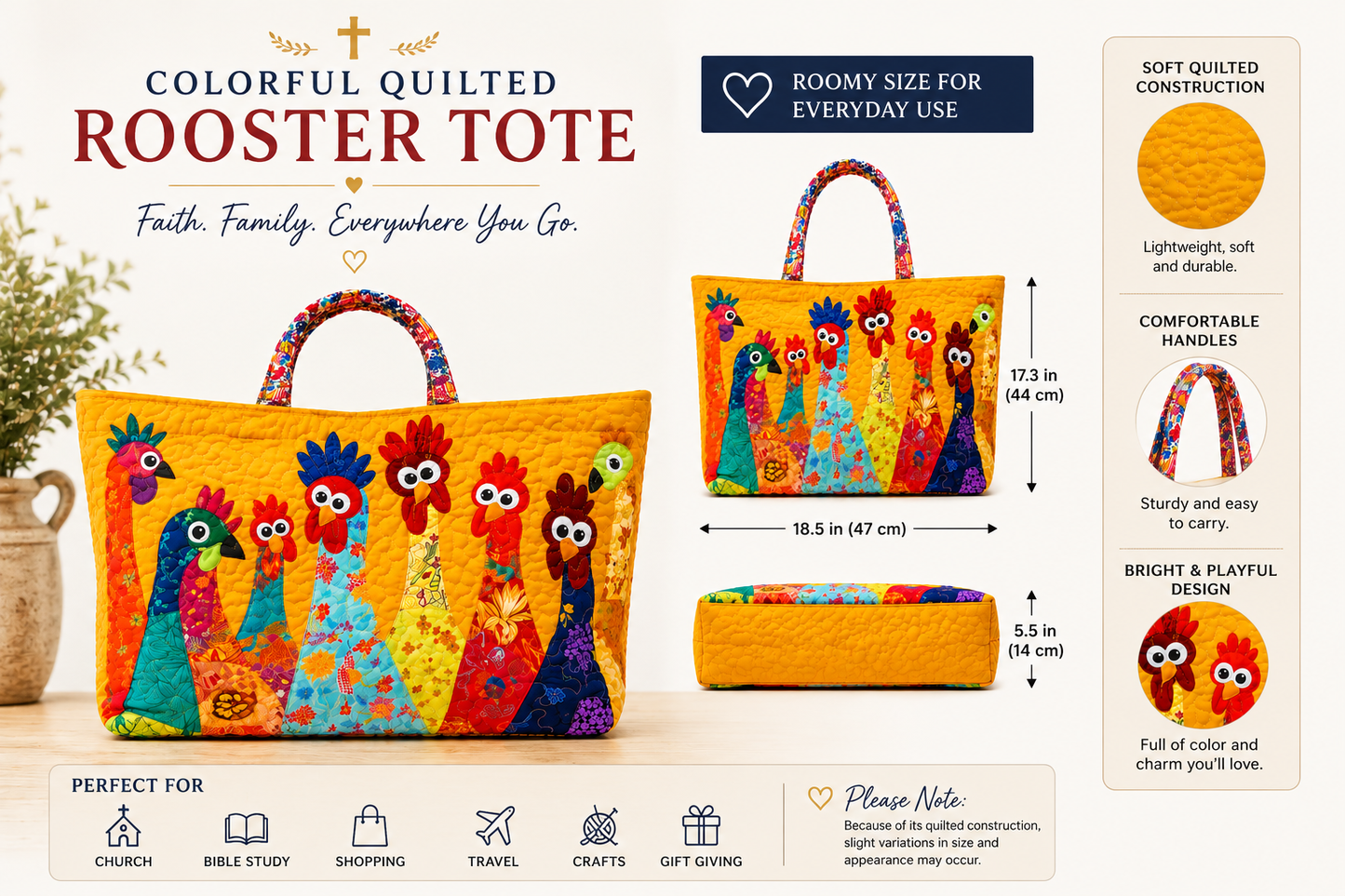 Colorful Quilted Rooster Tote Bag | Large Patchwork Carryall