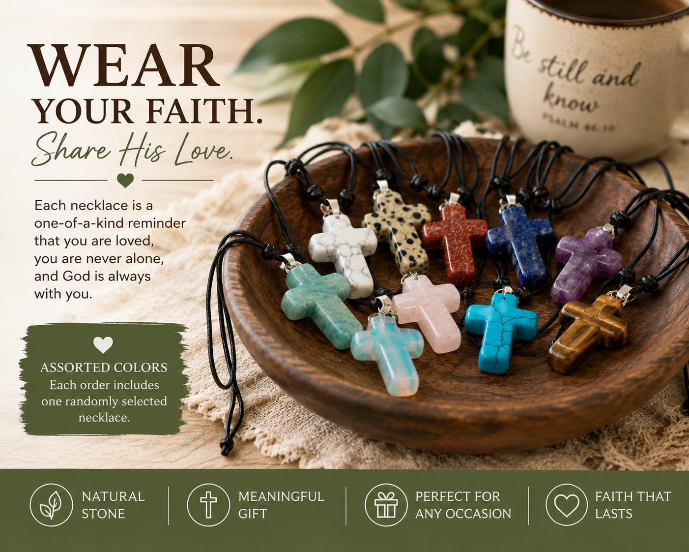 Natural Stone Cross Necklace | Assorted Colors Christian Faith Necklace