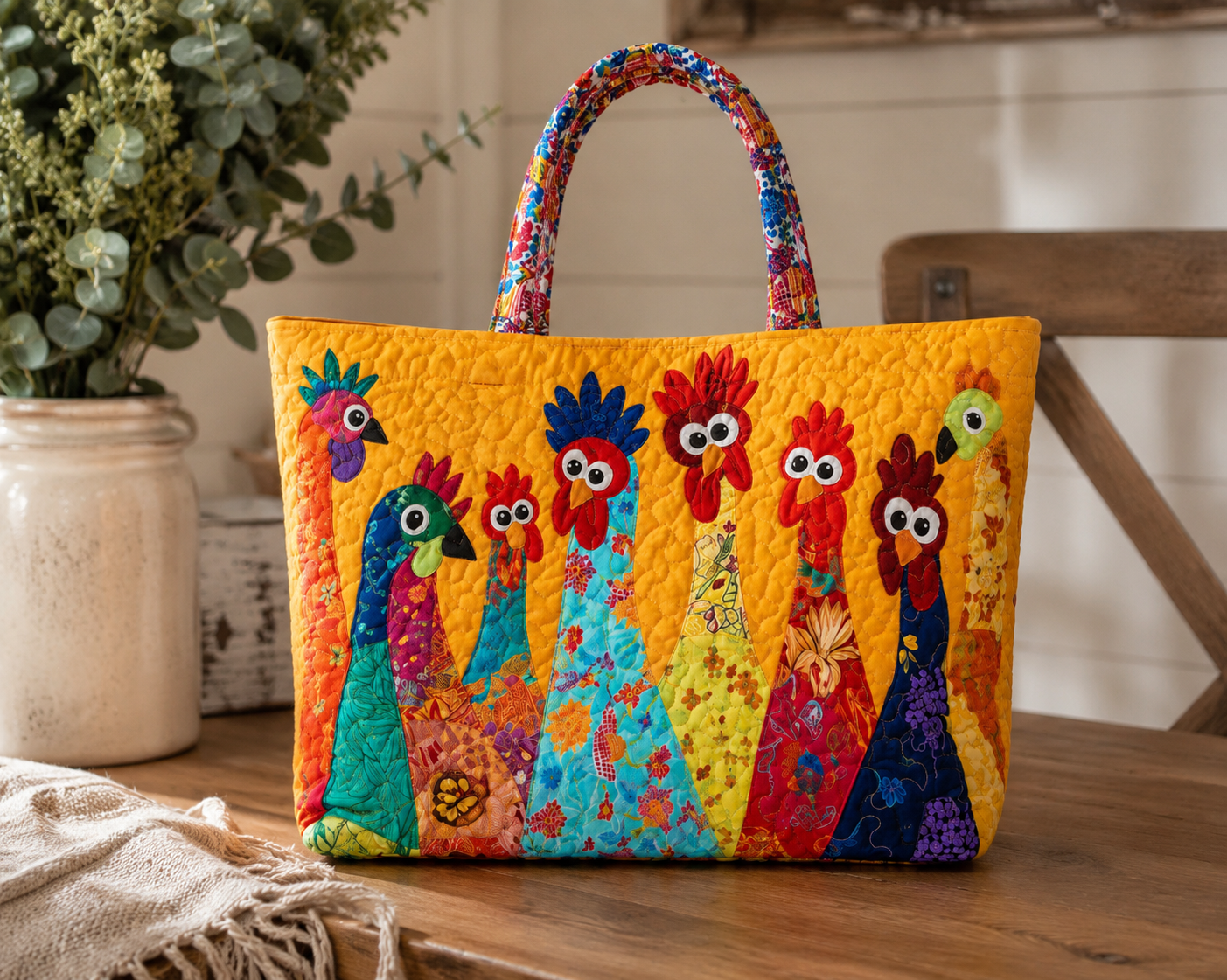 Colorful Quilted Rooster Tote Bag | Carryall - Gold