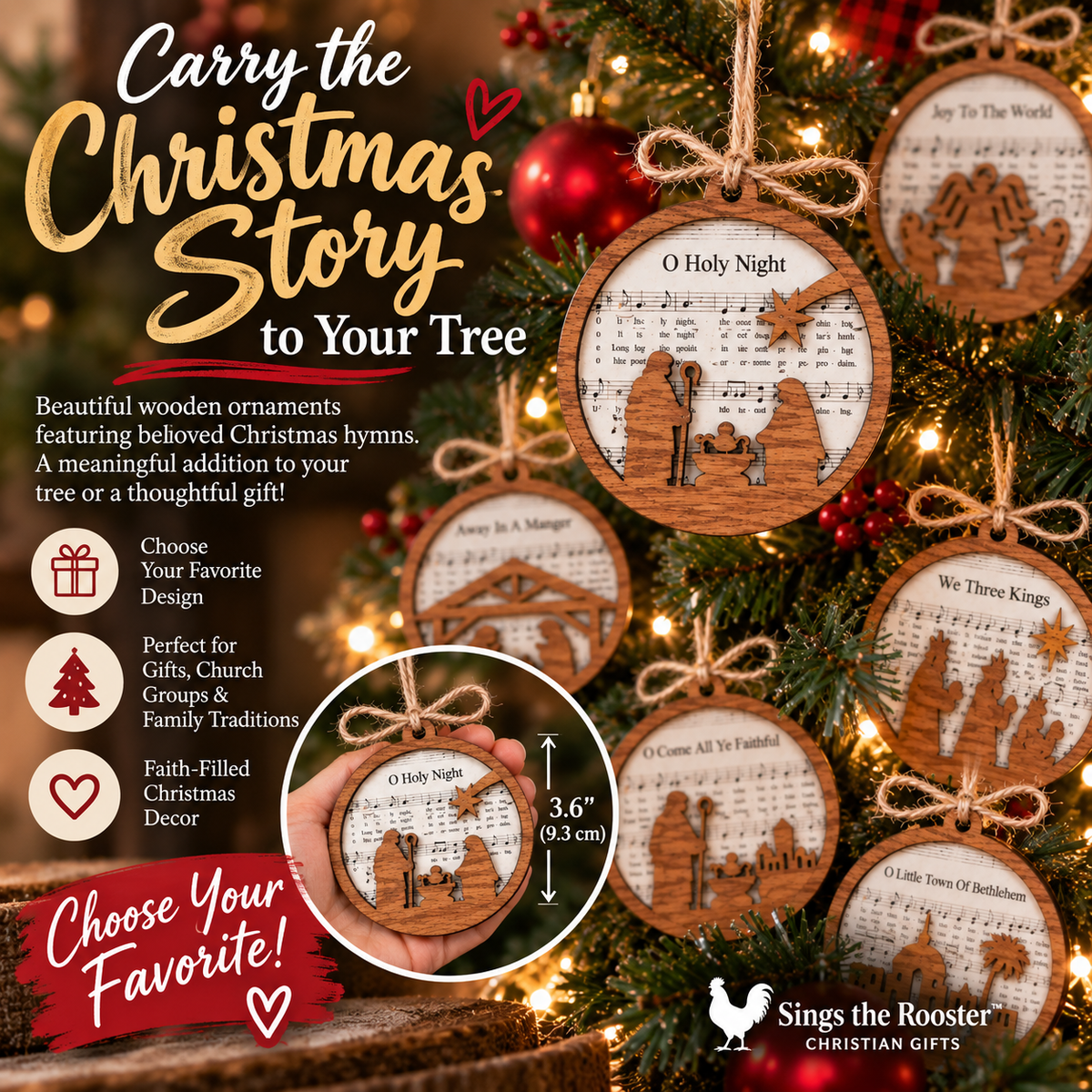 Christian Christmas Hymn Wooden Ornament – Choose Your Design