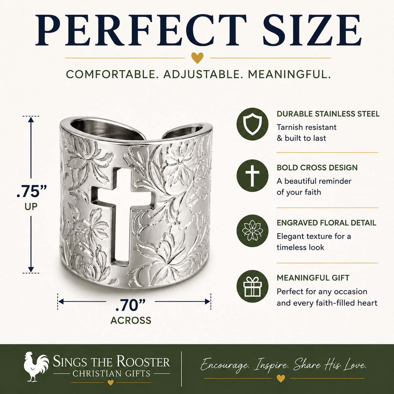 Engraved Cross Wide Band Ring | Adjustable Stainless Steel Christian Statement Ring