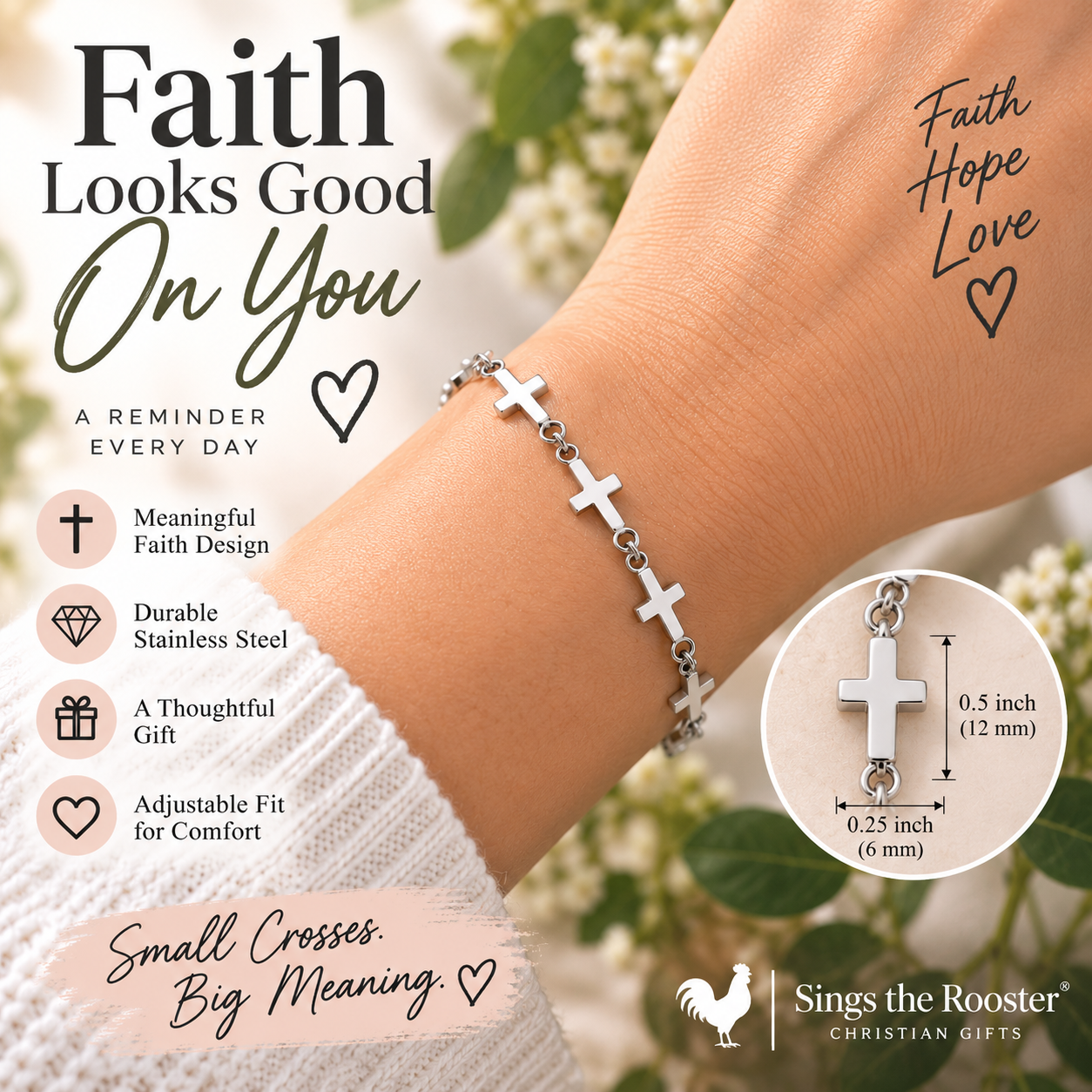 Silver Cross Bracelet – Stainless Steel Adjustable Christian Bracelet