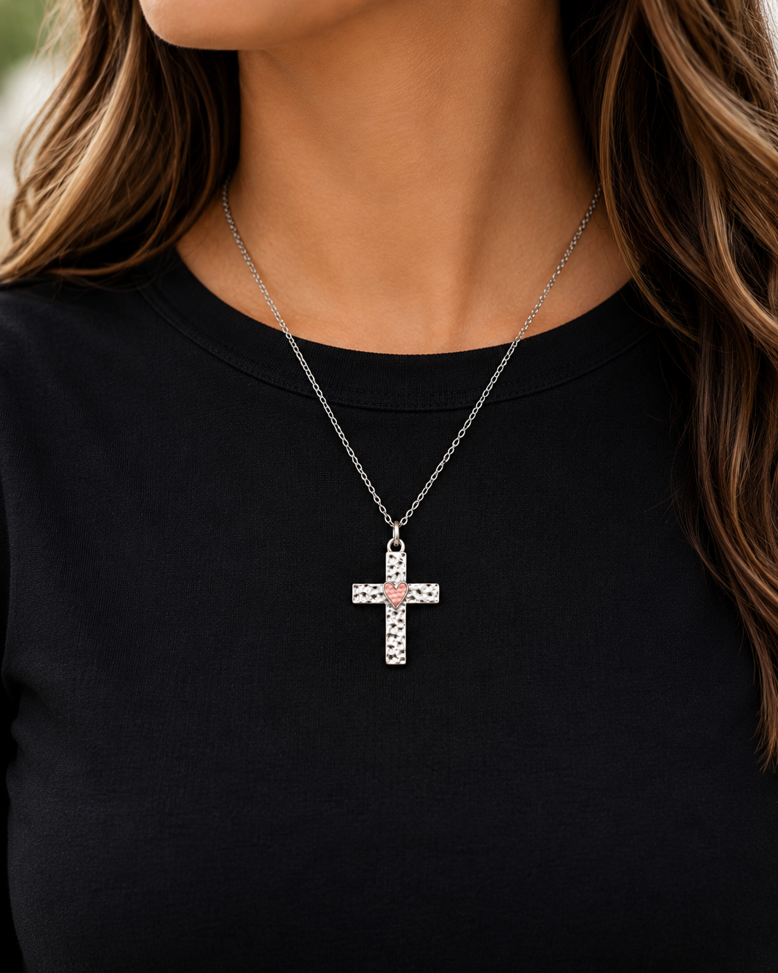 Hammered Cross Necklace with Heart | Christian Faith Pendant